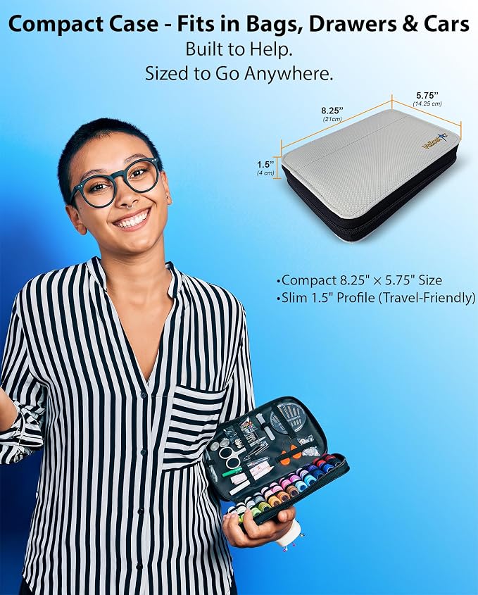 Vellostar Sewing Kit for Adults & Kids - 100-Piece Light Grey Beginner Set | Compact and portable, this sewing kit fits in a bag or glovebox for repairs on the go
