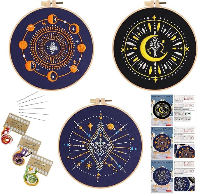 GLTAYLMY 3 Set Tarot Embroidery Starter kit with Patterns and Instructions, DIY Adult Beginner Cross Stitch Kits, Including 1 Plastic Embroidery Rings,Colored Threads and Needles