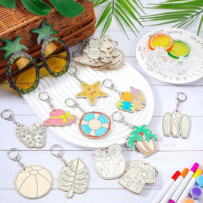 Trnayi 36 Pcs Summer Unfinished Wood Keychains Color Your Own DIY Craft | Summer Wooden Keychains, Color Your Own Unfinished Craft, Beach Fruit Wood Painting DIY Crafts, for Party Art Project Decor