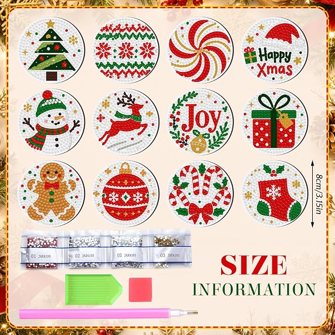 Zonon 12 Pcs Christmas Diamond Art Magnets Kit, Joyful Xmas | Holiday Diamond Painting Magnetic Stickers,Joy Snowman Reindeer Gingerbread,Red Green Diamond Fridge Magnets for Xmas Decor