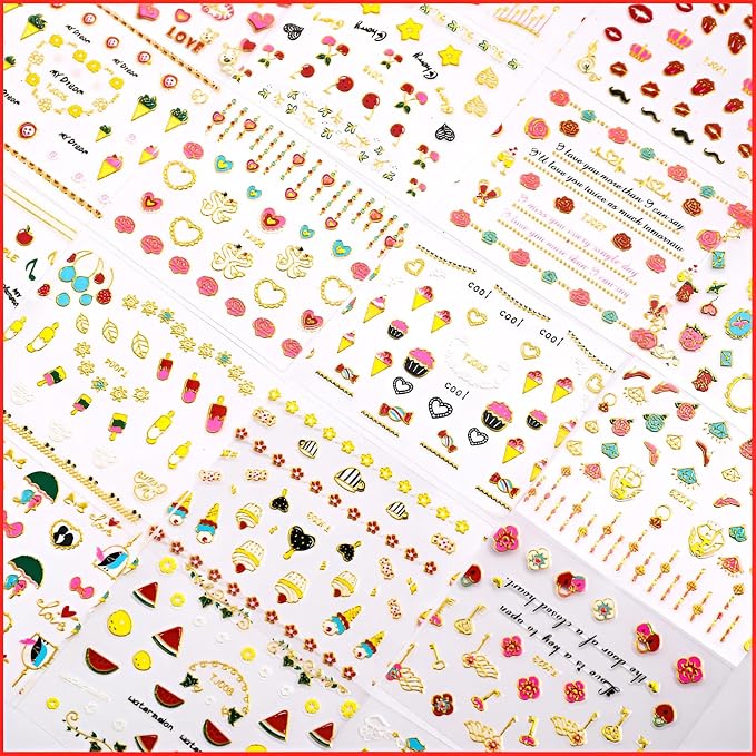 30 Sheets Valentine's Day Nail Art Stickers Red Heart Nail Decals 3D Self-Adhesive Rose Lip Kiss Nail Supplies DIY Acrylic Nails Decoration Accessories for Women and Girls