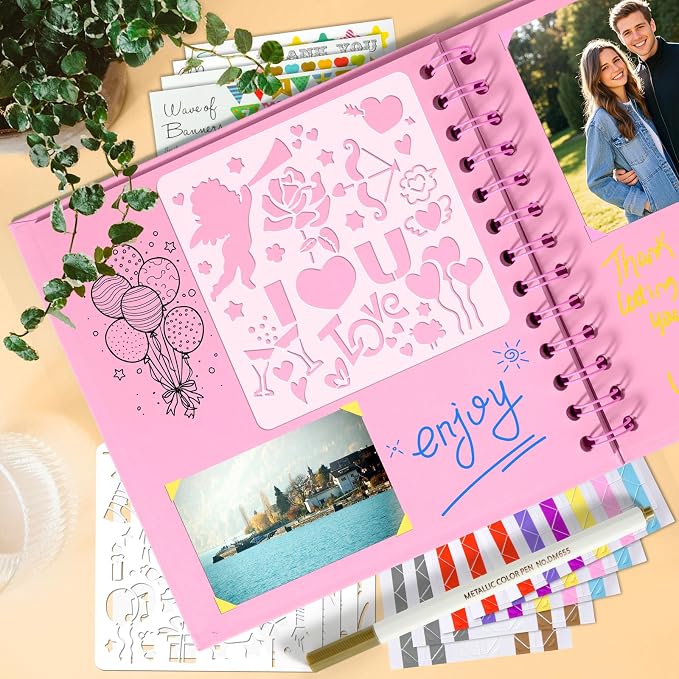 GOTIDEAL 8 x 8 Inch Scrapbook Album with Metallic Markers, Pink, 40 Pages | Kraft Paper Photo Albums for Wedding & Anniversary, Family DIY Scrap Books with Scrapbooking Stickers Corners