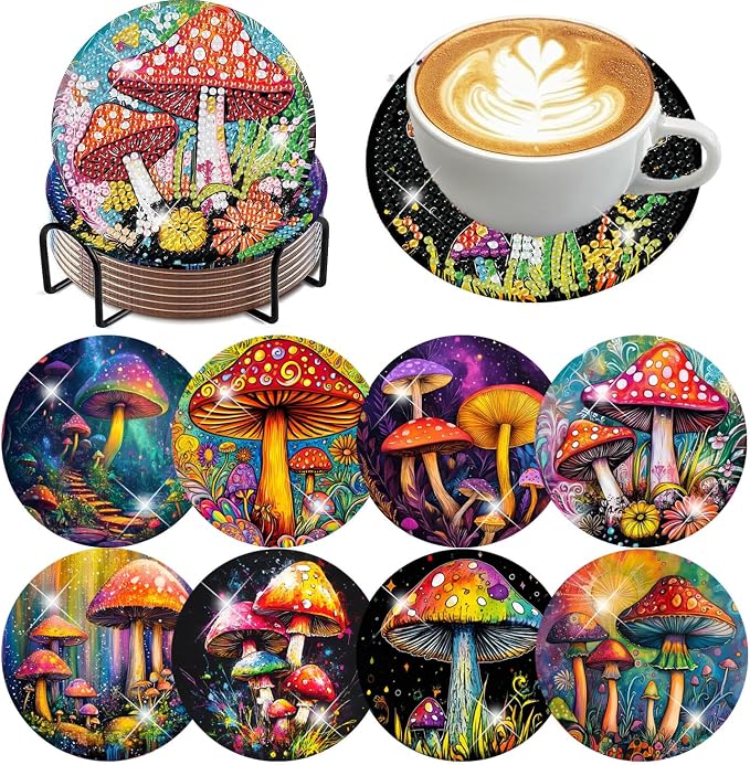 8 Pcs Diamond Art Coasters Kits, Mushroom Diamond Painting Coasters Kits