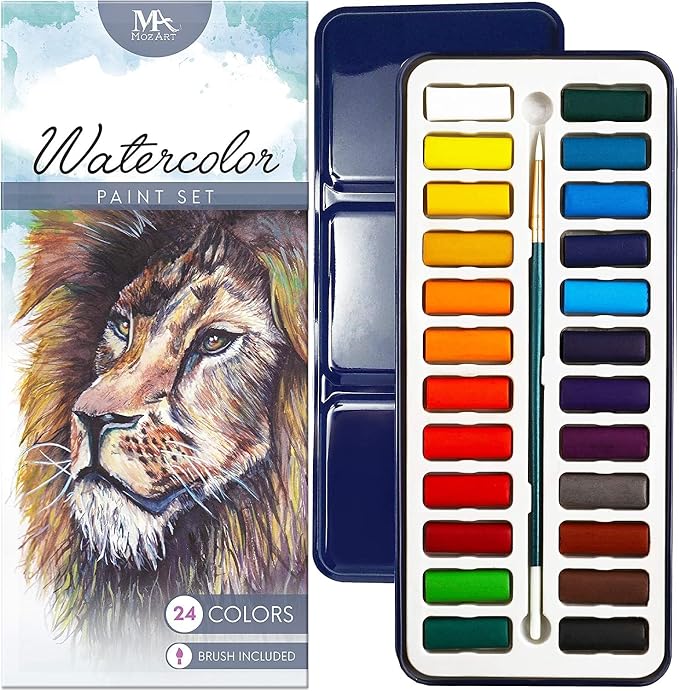MozArt Supplies Watercolor Paint Essentials Set - Lightweight and Portable Metal Box - Lid Has 3 Partitions for Color Mixing - Easy-to-Blend Non-Toxic Formulation - 24 Vibrant Colors with Paintbrush | Non-Toxic Blendable Watercolor Kit – 3-Partition Mi...