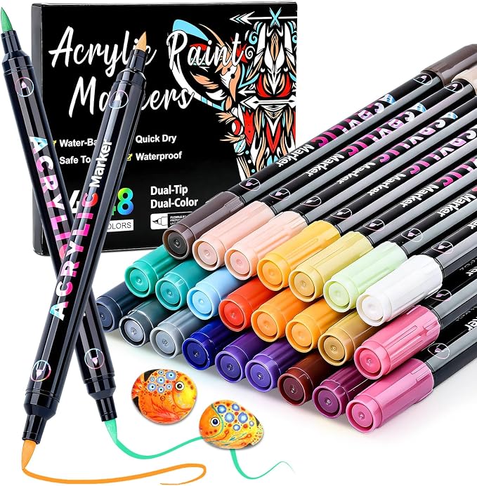48 Colors Acrylic Paint Markers Set, 24 Pack Dual Brush Tip Acrylic Paint Pens for Stone, Wood, Calligraphy, Canvas, Ceramic, Glass, Rock Painting, Christmas Gifts for Teens, Art Painting Supplies Kit