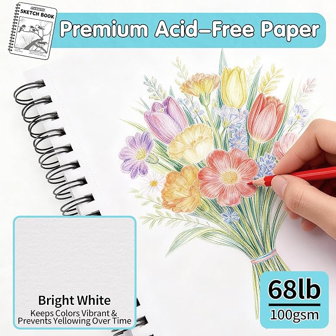 FIXSMITH 9"X12" Sketch Book, 100 Sheets, 68 lb/100gsm,4 Pack Blue | Acid Free Drawing Paper | Spiral Bound Artist Sketch Pad | for Kids, Beginners, Artists & Professionals | Bright White