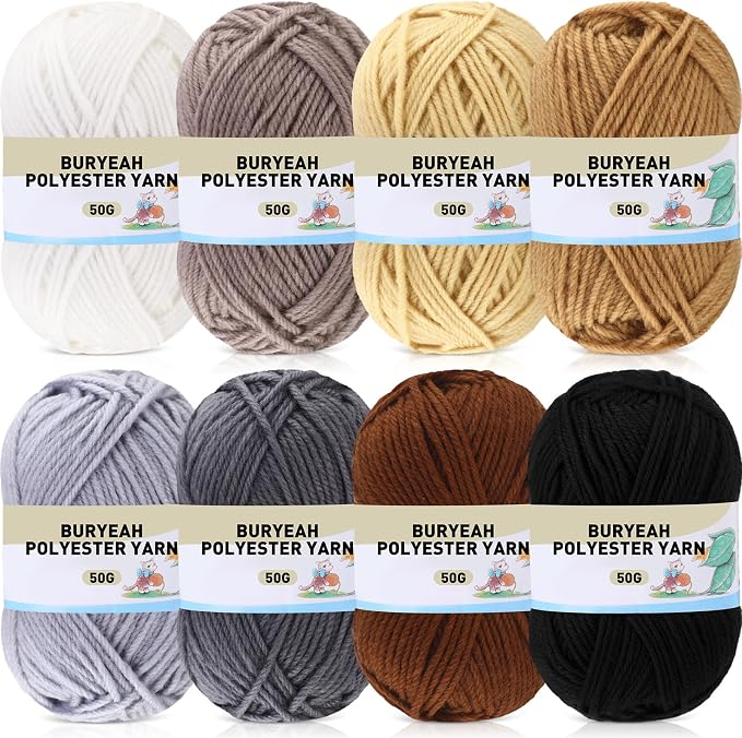 Buryeah Brown Series 8 Packs Crochet Yarn Knitting Bundle Beginner Acrylic Thread Fluffy Hand Tube Polyester Yarn Needles Bulky Kit Variety Pack 726 Yards for Weaving Crafts DIY Project Beginner