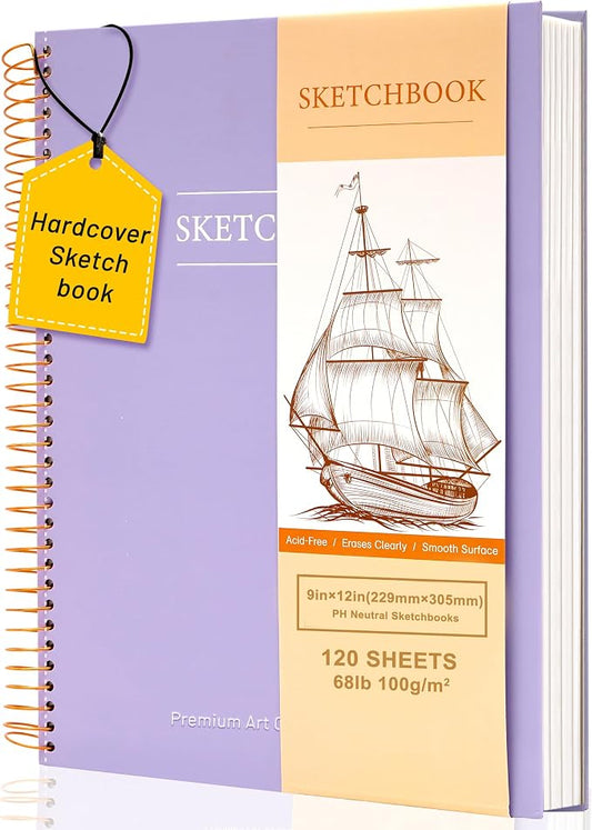 Yoment 9"x12" Hardcover Sketchbook for Drawing，120 Sheets，100GSM | Purple,Spiral Bound Sketch Pad Premium Art Sketchbook Artistic Drawing Paper Pad for Kids Adults Beginners Artists