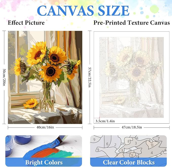 PRASIO Paint by Numbers Kit for Adults Flowers Sunflower Easy Adult Paint by Number Kits DIY Acrylic Watercolor Oil Paint by Number for Adults Beginner for Home Decor Gift 16x20 Inch