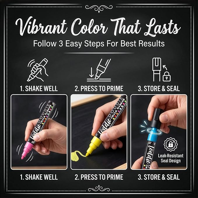 Loddie Doddie Chalk Markers, Liquid Chalk Pens, Reversible Tips, 24 Pack | More Coverage & Color Changes, 6mm Reversible Tips, Extra Tips, Erasable Chalk Markers for Blackboard, Chalkboard Markers