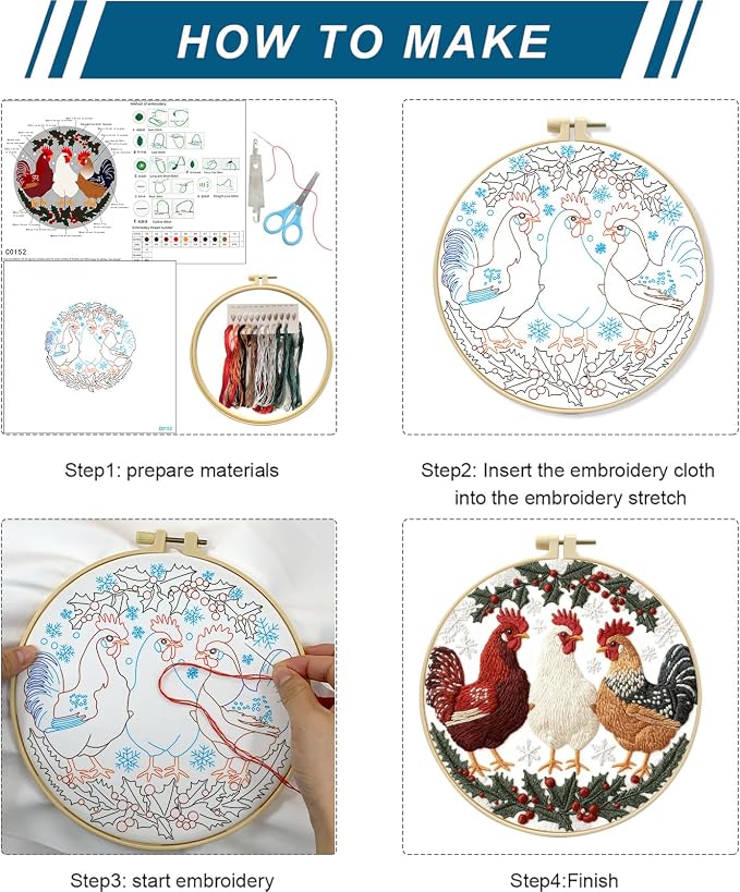 Zhenqing Winter Holly Three Chickens Embroidery Kit for Beginners, 29x29cm Hand Embroidery Set with Hoop, Thread, Printed Fabric(C0152