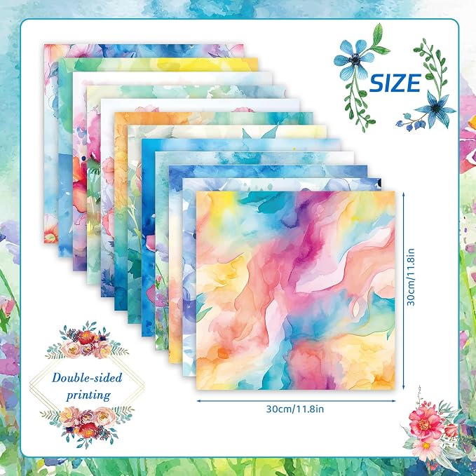Konsait 24 Sheets Flower Scrapbook Paper 12x12 Watercolor Pattern Paper Double Sided Floral Cardstock Craft Papers for Card Making Kit Origami Papers Romantic Scrapbook Supplies