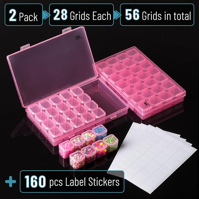 Mr. Pen- Bead Storage Containers, 28 Grids, 2 Pack, Transparent Pink | 160 pcs Label Stickers, Transparent, Small Bead Organizer Box, Diamond Art, Diamond Painting Organizer