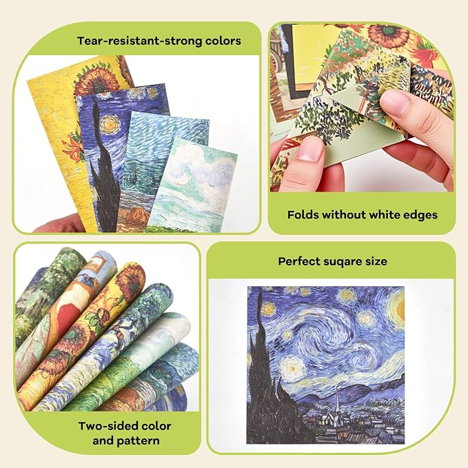 JoyCat Van Gogh Patterned Origami Paper, 50 Double-Sided Sheets, 6x6 Inch | Starry Night and sunflower-inspired designs bring bold Post-Impressionist color to origami, cards and creative paper crafts.