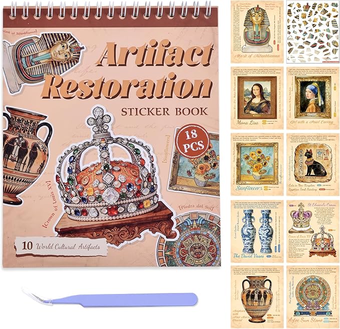 10 World Cultural Antiquities Puzzle Sticker Book, Artifact Restoration Theme Vintage Egypt Crown Mask Pattern, Leisure Relaxation Entertainment Stickers Book for Women Men Adults Teens Antique Lover