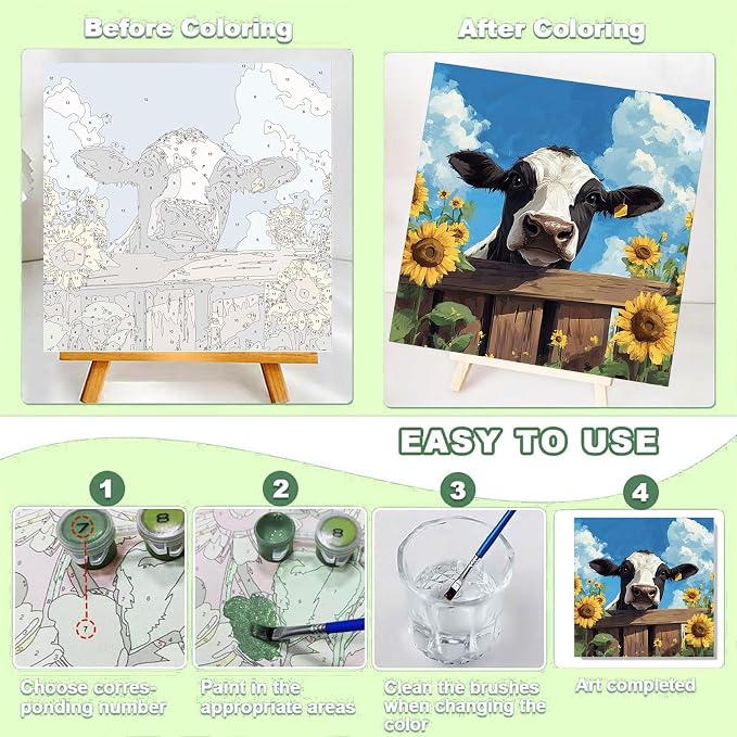 ajepon Cow Paint by Numbers Kit for Kids with Frame - Highland Cow Paint by Number for Kids, Kid Painting by Number Kits Age 6-8 for Home Wall Decor 8X8inch (with Wooden Easel)