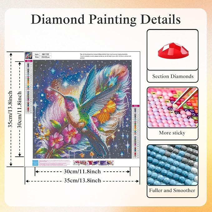 5D Hummingbird Diamond Art kits for Adults Beginners 13.8x13.8 Inch | Colorful Feather Galaxy Diamond Painting Kits DIY Full Round Drill Paint by Diamonds Dot Gem Art for Adults, Home Wall Decor