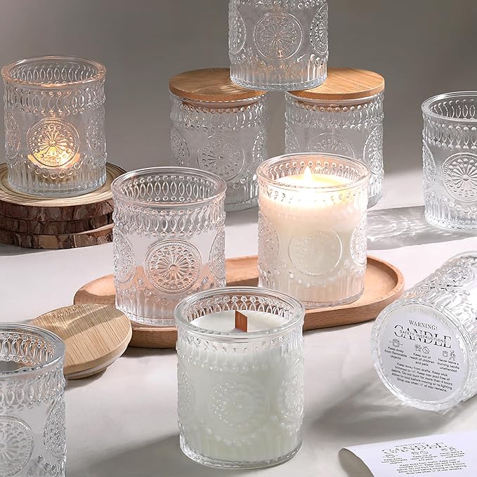 DARJEN 10 Pcs 8oz Glass Candle Jars with Lids, Candle Tins-Clear | Premium Thick Glass, Secure Wooden Lids- Candle Jars for DIY Candle Making, Stunning Sunflower Design