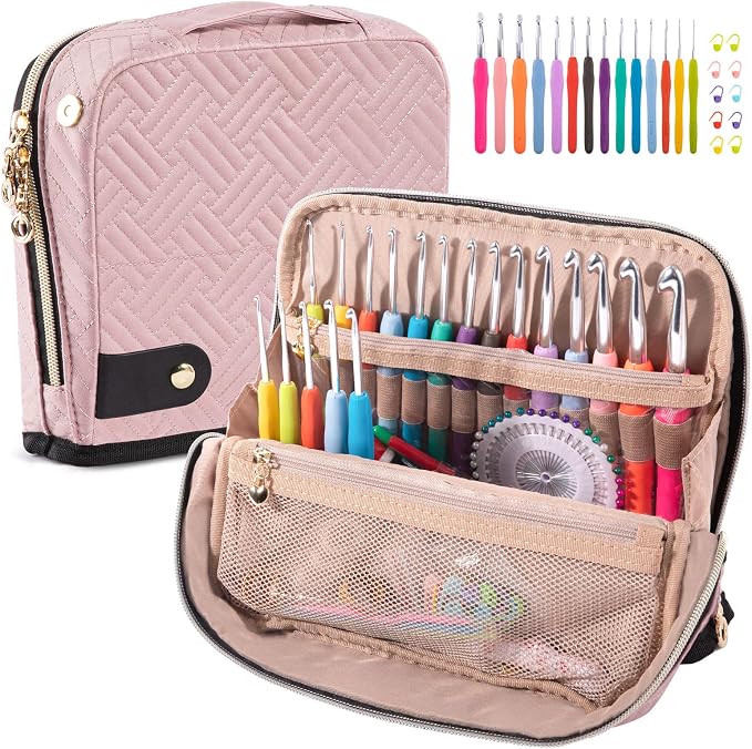 MYBAGZING Crochet Hook Case with 14 Size Crochet Hooks Set 2mm(B)-10mm(N) Ergonomic Crochet Hooks with Crochet Case Stand Up - Crochet Hook Organize for Crochet Lovers, Crochet Kit for Beginners