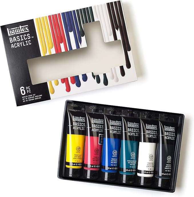 Liquitex BASICS Acrylic Paint Set, 6 x 118ml (4-oz) Tube Paint Set | Medium Viscosity, Satin Finish, Lightfast, Fine Art Pigments, Range of Opacities, Easy Blending