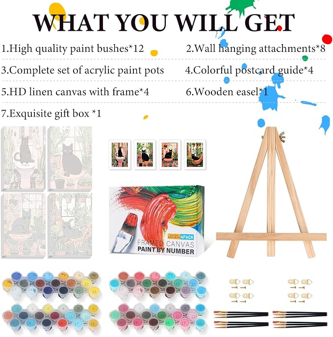 4 Pack Framed Paint by Numbers Kit for Adults Black Cat with Wooden Easel | With Frame Canvas 8x12 IN, For Adults Beginner, DIY Acrylic Painting Cat, Stress Relief Craft Kits, Home Wall Decor Gift