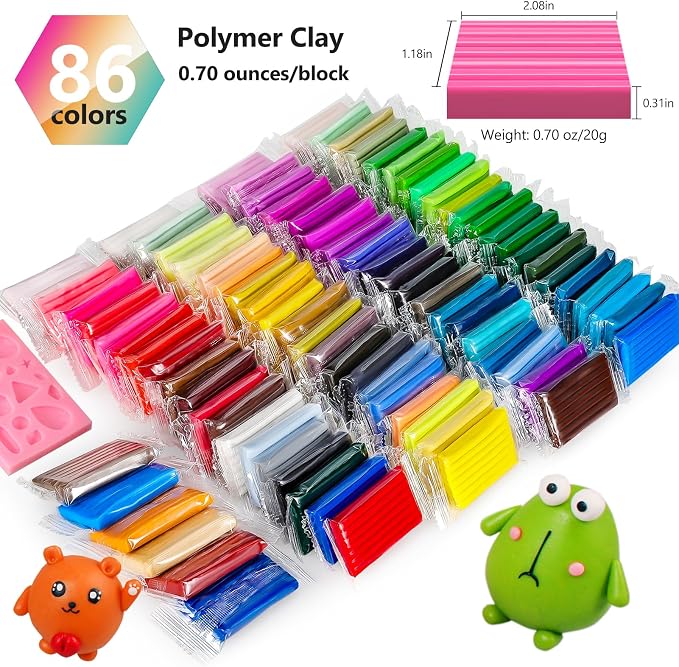 CiaraQ 86-Color Polymer Clay Oven Bake Modeling Kit | 14 sculpting tools, 3-layer storage box, silicone mold, acc. pack, guide. Great for school, home, gifts, kids & artists.