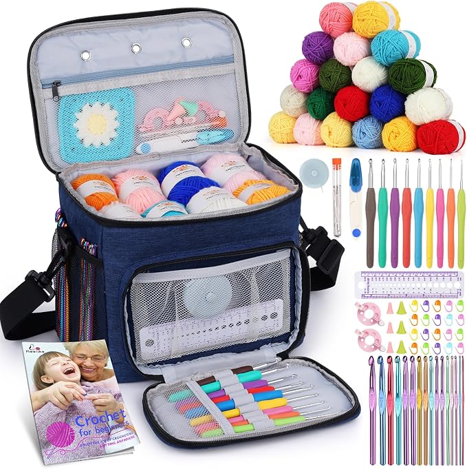 Aeelike 87PCS Crochet Beginner Kit for Adults,Portable Yarn Bag Kit,Navy | Crochet Starter Kits with Yarn, Ergonomic Hooks & Storage Case, Learn-to-Crochet Set for Adults, Kids & Seniors,