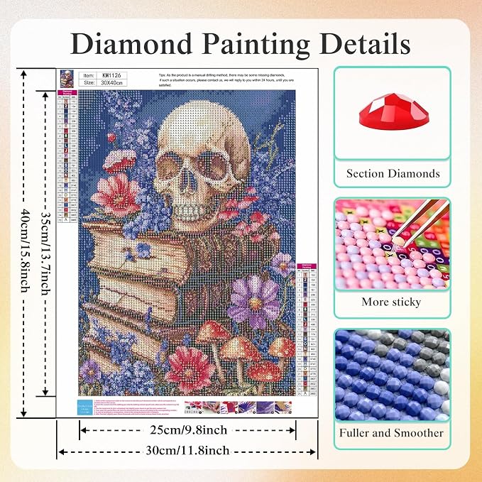 5D Vintage Skull Old Books Diamond Art kits for Adults Beginners 12x16inch | Wild Flower Diamond Painting Kit, DIY Full Round Drill Paint by Diamonds Dot Gem Art for Adult, Home Wall Decor