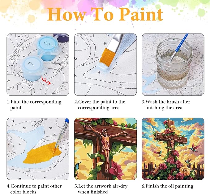 Paint by Numbers Kit for Adults, Christian Cross & Roses Design, 16x16 Inch