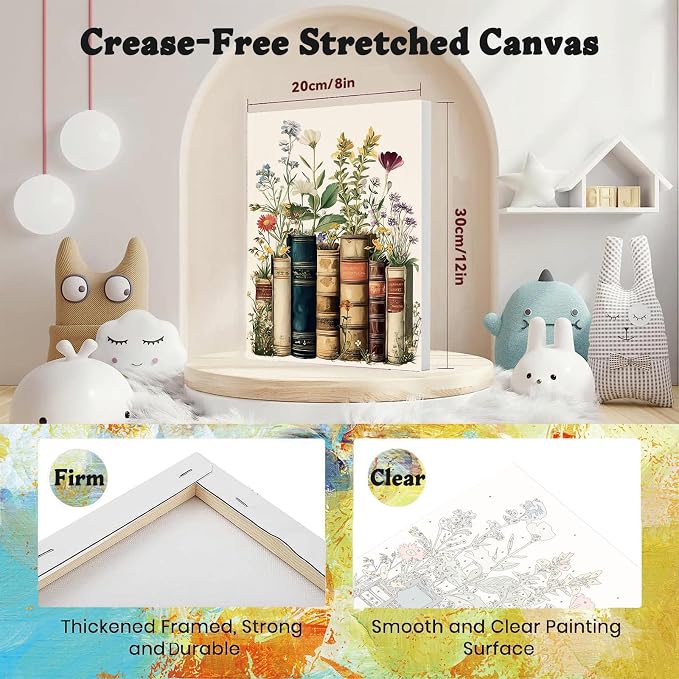 xackcme Book Paint by Numbers for Adults with Framed Canvas 8x12 inch | Flowers Paint by Number on Canvas, DIY Books Acrylic Oil Painting Kits with Wooden Easel Brushes for Home Wall Decor