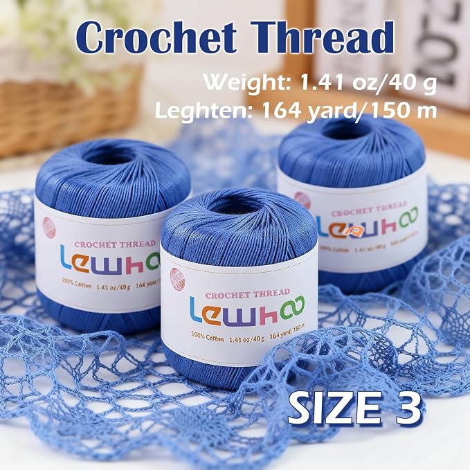 Crochet Thread, 3 Pack Size 3 Cotton Crochet Yarn Ball Set Blue