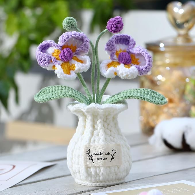 Orchid Crochet Flower Pot Purple Handmade Knitted Phalaenopsis Desk Decor for Home Office