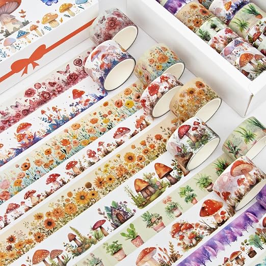 Washi Tape Set 13 Rolls - Mushroom Butterfly Floral Decorative Tape for Scrapbooking Supplies, Junk Journal, DIY Crafts, Arts