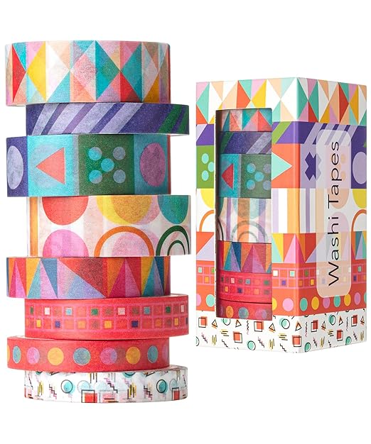 Mr. Pen- Washi Tape Set, 8 Rolls, Assorted Sizes, 5 Yards/Roll | Washi Tape for Scrapbook, Arts, Crafts, Journals and Planners, Geo Labyrinth