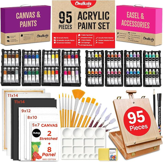 Chalkola 95 Pcs Acrylic Painting Kit for Adults Art - 64 Acrylic Paint Set | Wood Tabletop Easel, Canvas, Art Brushes, Palette, Knife - Professional Canvas Painting Supplies for Artists & Beginners