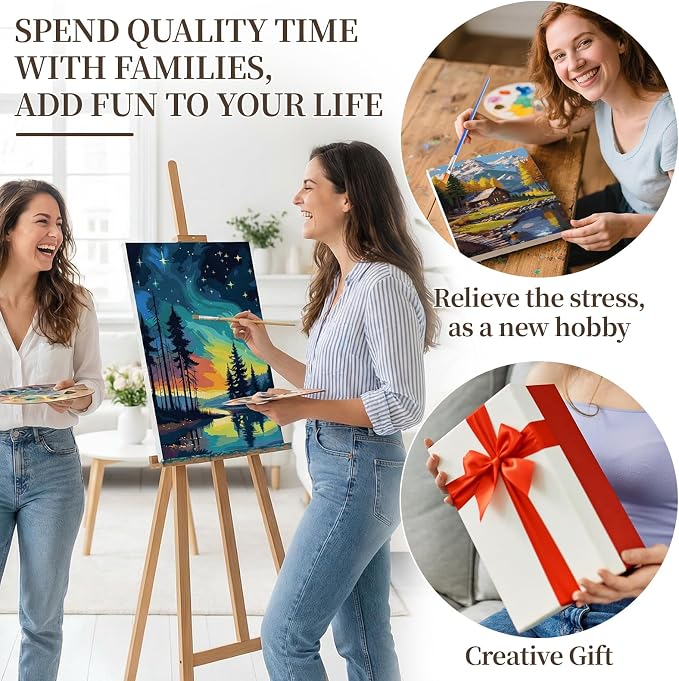 Qoosea Paint by Numbers Kit for Adults with Framed Canvas 4 Pack | Landscape Paint by Number Arts Kits for Beginner with Wooden Easel, Acrylic Set, Brushes for Home Decor, 9*12 Inch