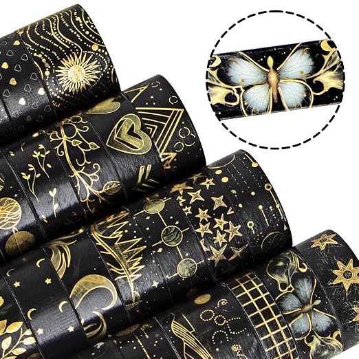 NANYNNU Black Washi Tape Set, 27 Rolls Black Gold Foil Decorative Masking Tape for Bullet Journaling, Scrapbooking Supplies, Watercolor Painting