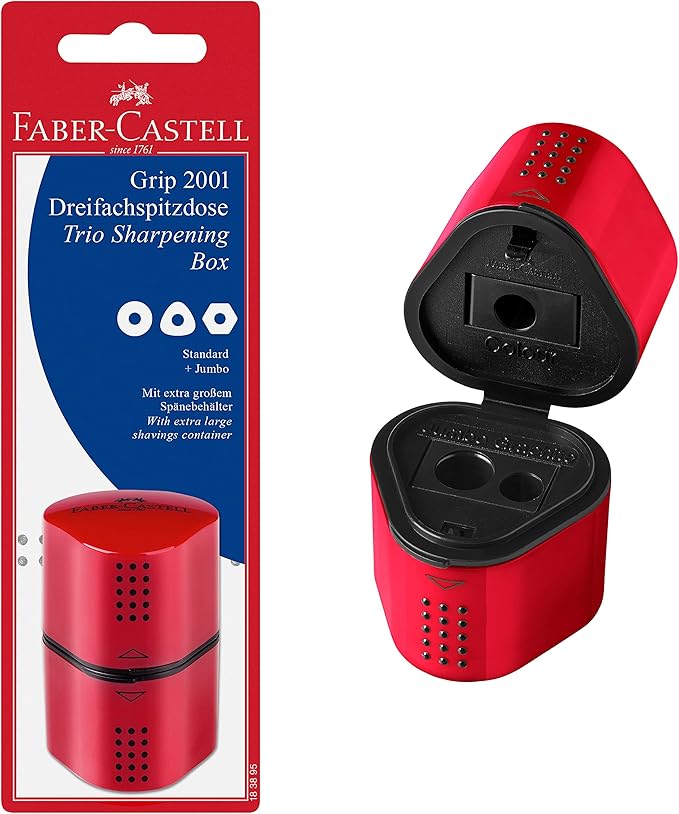 Faber-Castell Grip Trio Manual Pencil Sharpener (Red or Blue) - Graphite, Jumbo and Colored Pencil Sharpener