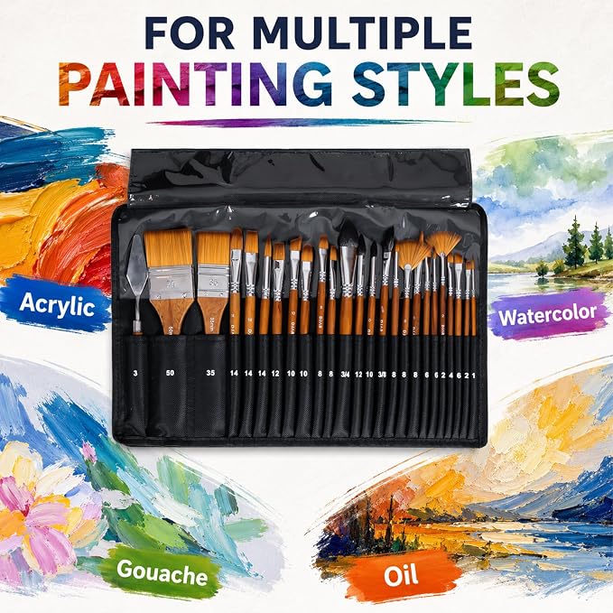 DJAR 25 Pcs Multi-Shape Nylon Paint Brush Set with Cloth Roll Bag