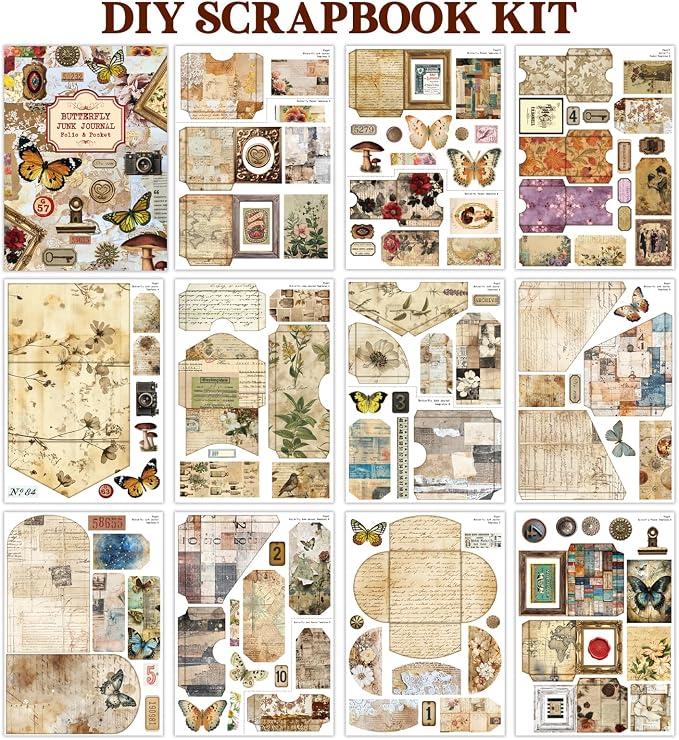 Vintage Junk Journal Kit with DIY Ephemera Storage and Accordion Pockets,11 Sheets Cardstock Pieces for Art Journaling, Scrapbooking and Mixed Media Crafts