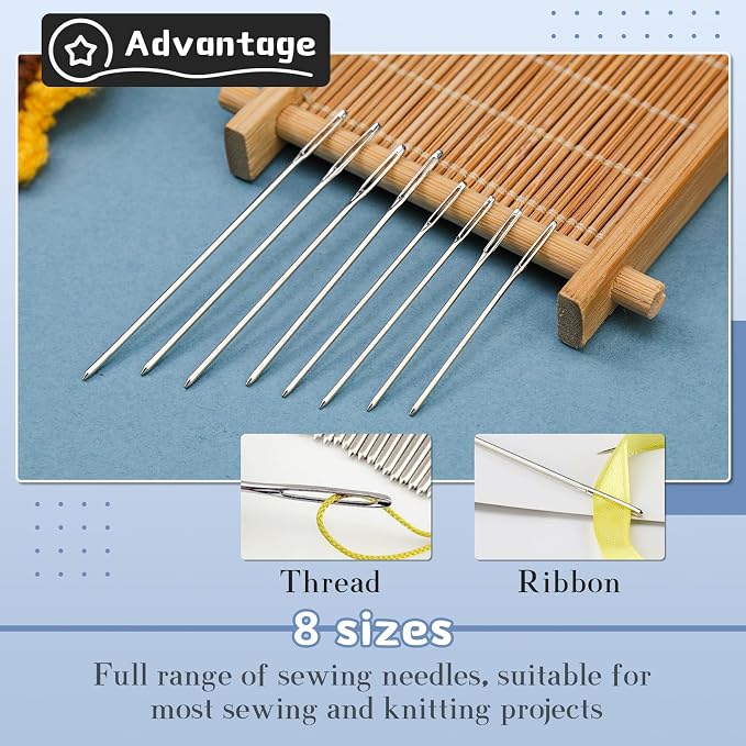 TLKKUE 100/40 Pcs Large-Eye Blunt Needles, Steel Tapestry Needle 8 Sizes | Needle Threader Thimble, Steel Yarn Needles for Sewing Knitting Crafting Weaving Crochet Tapestry (Silver, 8 sizes/40 pcs)