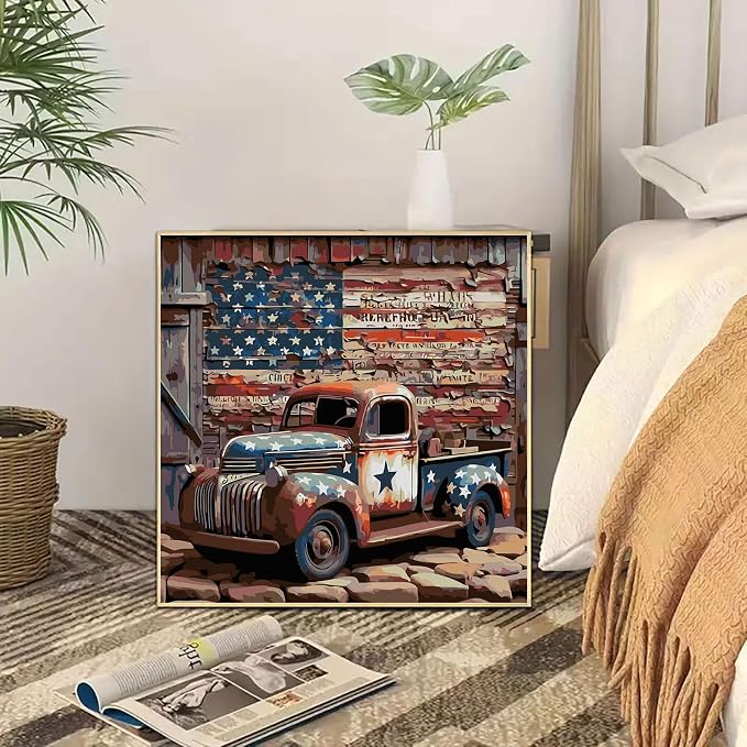 CHWGLFGG Vintage Truck Paint by Numbers Kit for Adults On Canvas 16x16inch | DIY Easy Adult Paint by Number Kits American Flag,Paint by Color Acrylic Paint Painting Home Wall Decor (Without Frame)