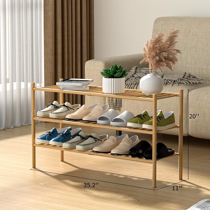 ROMGUAR CRAFT 3-Tier Bamboo Long Shoe Rack, Free Standing Wood Shoe Shelf Storage Organizer for Closet Entryway Stackable 35"x11"x20" (Natural)