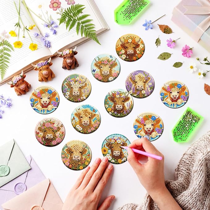 Zonon 12 Pcs Highland Cow Diamond Art Magnets, Diamond Painting | Easy DIY Kits for Adults, Magnetic Animal Stickers for Fridge, Stress Relief Craft Activity, Home Decoration Accessories