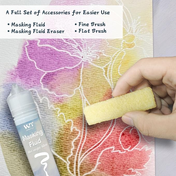 Masking Fluid for Watercolor Painting 60ml Blue with a Paintbrush and Eraser - Art Masking Fluid Pen Watercolor Medium Art Supplies for Artists
