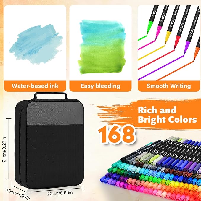 IVSUN 168 Colors Dual Tip Watercolor Markers Pens with Bag-Brush & Fine | Coloring Markers for Adult Coloring Book, Journaling, Drawing, Note Taking, Planner, Lettering, Calligraphy, Art Supplies Kit