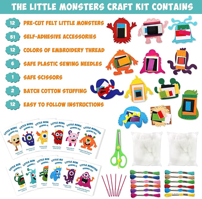 CiyvoLyeen Kids Sewing Kit Crafts– Little Monsters Felt Plush DIY Craft Adopt A Monster Educational Sewing Set for Kids Beginner Craft Kit Set of 12