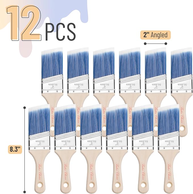 Bates- Stubby Angle Paint Brushes for Walls and Trim, 2-Inch, 12 pcs, Treated Wood Handle, 2 Inch Paint Brushes (Pack of 3)