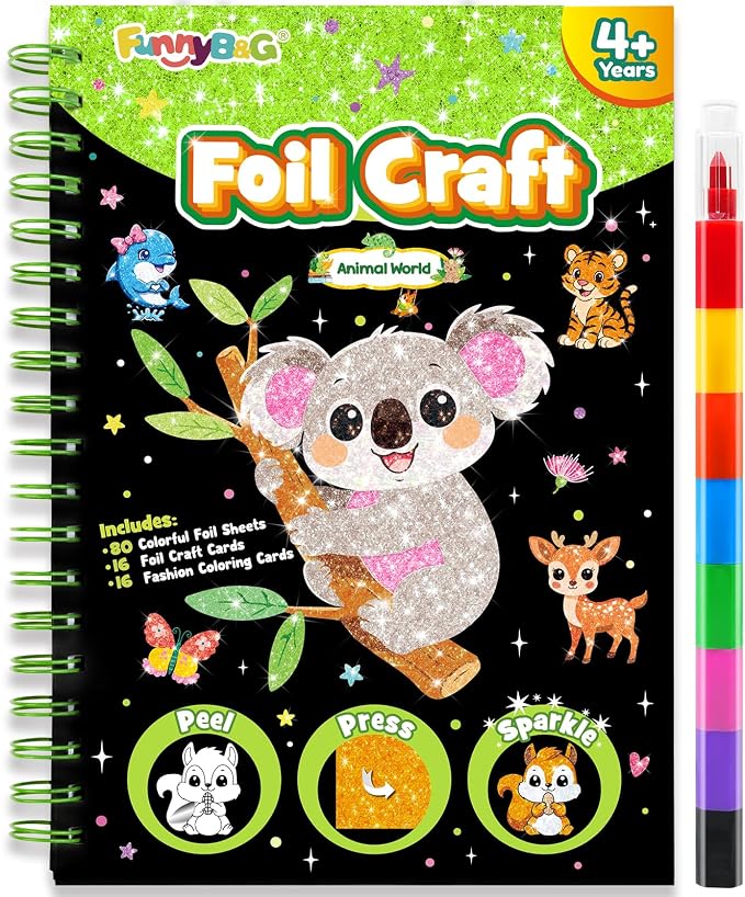 FUNNYB&G Foil Art Craft Kit for Kids, Sparkly Birthday Gift Toy for Kids | No Mess, Kids Ages 4-10 Create Sparkling Artwork, A Creative Gift for Birthdays, Holidays, Travel Activities,Screen-Free Fun