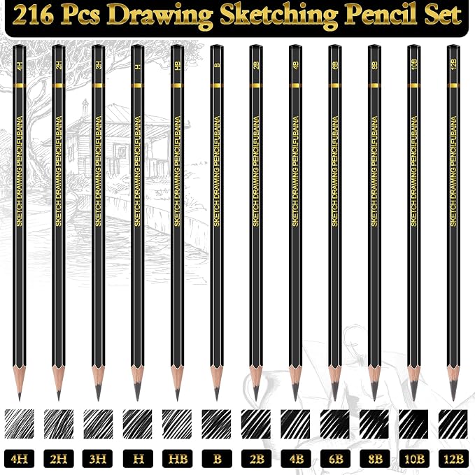 216 Pcs Sketching Pencils, 12B-4H Graphite Drawing Pencils | Art Set for Artists Beginners, Bulk Supply for Studios, Charcoal Graphite Blend, Shading Sketching, Gift-ready Packaging